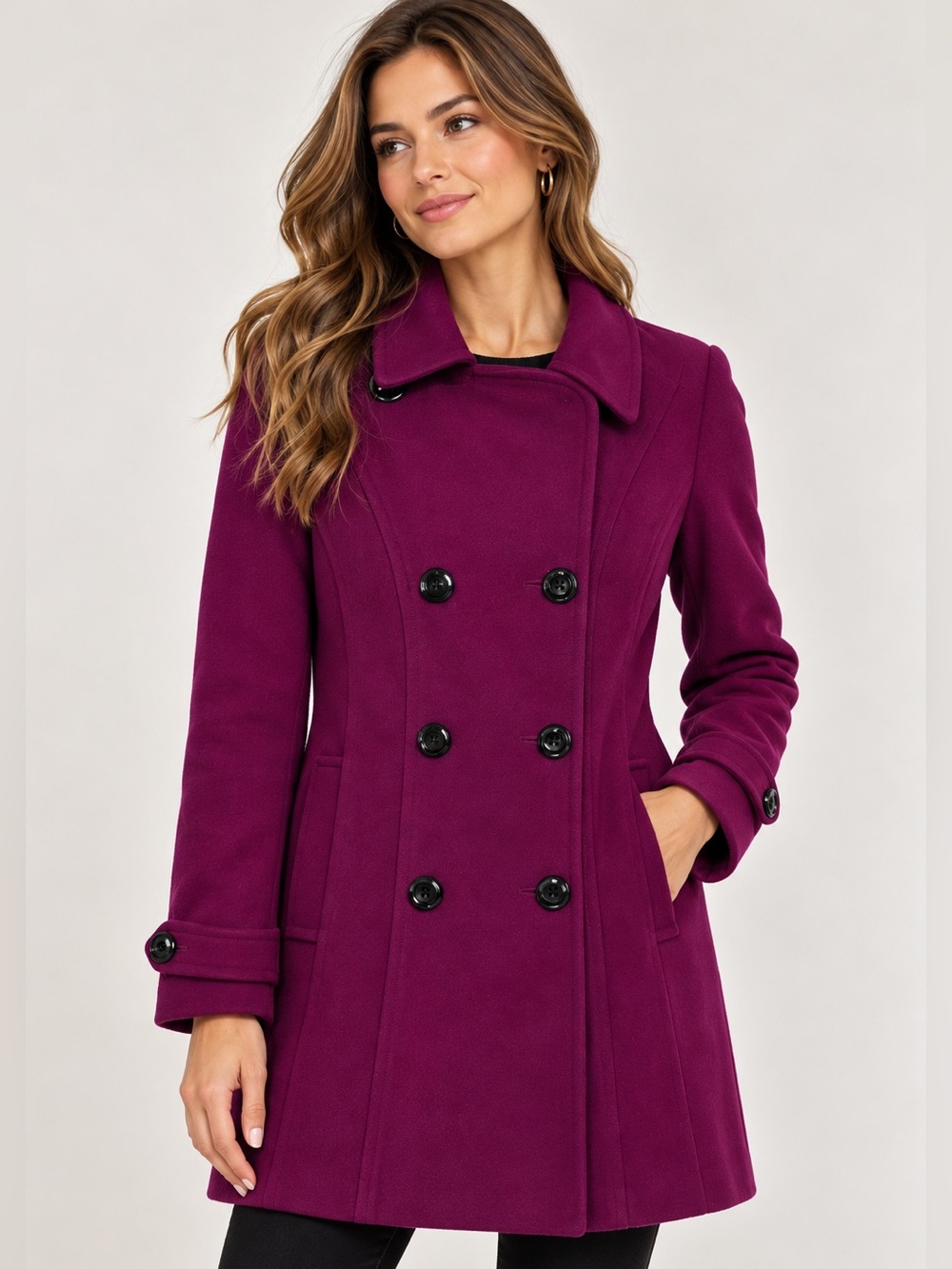 Anne Klein Women's Double-Breasted Wool Purple Pea Coat - Sz Large